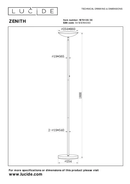 Lucide ZENITH - Lampadaire - LED Dim. - 1x20W 3000K - Noir - technique